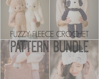 May include: A crochet pattern bundle featuring four plush toys: a brown bear, a white bunny, a black and white panda, and a white headband. The text "Fuzzy Fleece Crochet Pattern Bundle" is displayed on the image.