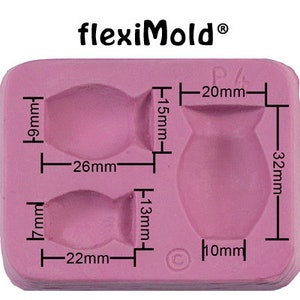May include: Pink silicone mold with two shapes: a vase measuring 3.9 inches tall and 3.1 inches wide, and a fish measuring 2.6 inches long and 0.9 inches tall. The mold is labeled "flexiMold®".
