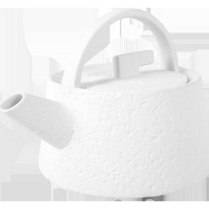 May include: White ceramic teapot with a textured surface and a handle. The teapot has a spout and a lid.