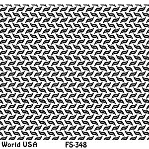 Peut inclure: Motif noir et blanc de formes de feuilles qui se chevauchent sur un fond blanc. Le motif est répété sur toute l'image. Le texte "Art Clay World USA" est dans le coin inférieur gauche, "FS-348" est dans le centre inférieur et "Zap" est dans le coin inférieur droit.