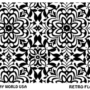 Peut inclure: Motif de fleurs stylisées en noir et blanc qui se répète. Le motif est un design sans couture. Le texte "ART CLAY WORLD USA" et "RETRO FLOWERS" est en bas de l'image.