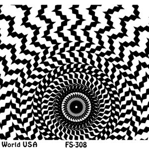 Peut inclure: Un motif abstrait en noir et blanc avec un motif en spirale. Le motif est composé de formes répétitives qui créent un sentiment de mouvement. Le texte "Art Clay World USA" et "FS-308" est en bas de l'image. Le texte "Whap" est en bas à droite de l'image.