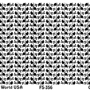 Peut inclure: Motif noir et blanc répété de feuilles et de vignes stylisées. Le motif est sur un fond blanc. Le texte "Art Clay World USA", "FS-356" et "Glou-Glou" est en bas de l'image.