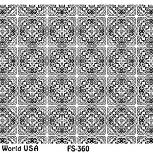 Peut inclure: Motif carré noir et blanc répété de motifs carrés complexes. Le motif est sur un fond blanc. Le texte "Art Clay World USA" et "FS-360" est en bas de l'image. Le texte "Chut" est en bas à droite de l'image.