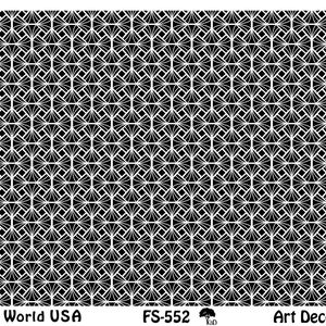 Peut inclure: Motif Art Déco noir et blanc avec des formes géométriques. Le motif présente des motifs répétitifs en forme d'éventail et de losange. Le texte en bas indique "Art Clay World USA", "FS-552" et "Art Deco Angles".