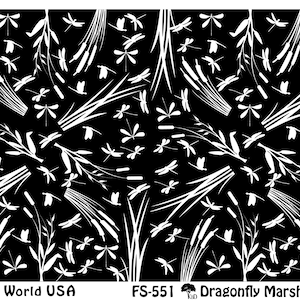 May include: Black and white silhouette pattern featuring dragonflies and cattails. The pattern is repeated to create a seamless design. The text "Dragonfly Marsh Inverse" is at the bottom of the image.