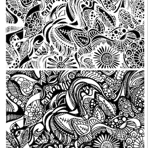 May include: Black and white abstract art print with a swirling pattern of flowers and leaves. The print is titled "Rolling Flowers" and is by Art Clay World USA.