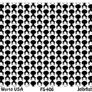 Peut inclure: Motif répété en noir et blanc de silhouettes de méduses. Le motif est sur un fond blanc. Le texte "Art Clay World USA" et "FS-406" est en bas de l'image. Le texte "Jellyfish Aplenty" est en bas à droite de l'image.