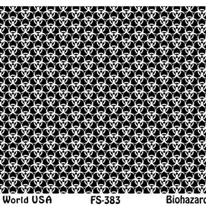 Peut inclure: Pochoir noir et blanc avec un motif répété de symboles de risque biologique. Le pochoir est intitulé "Biohazard Inverse" et "FS-383".