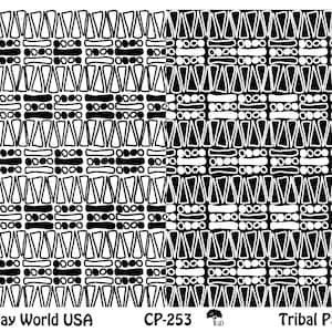 May include: Black and white tribal pattern design. The pattern features repeating geometric shapes, including triangles, rectangles, and circles. The text "Art Clay World USA", "CP-253", and "Tribal Pattern" are included.