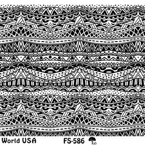 Peut inclure: Motif géométrique noir et blanc avec des lignes et des formes répétitives. Le motif est composé de différentes formes, notamment des triangles, des cercles et des carrés. Le motif est répété sur toute l'image. Le texte "Art Clay World USA" et "FS-586" se trouve en bas de l'image.