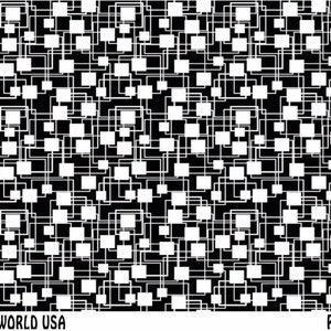 Peut inclure: Motif abstrait noir et blanc avec un motif géométrique répétitif de carrés et de lignes. Le motif rappelle un circuit imprimé. Le texte "ART CLAY WORLD USA" et "RETROCHIP" se trouve en bas de l'image.