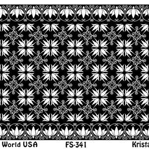 Peut inclure: Motif décoratif noir et blanc avec des éléments floraux et géométriques. Le motif présente des motifs floraux répétés et des détails en volutes, avec le texte "Art Clay World USA", "FS-341" et "Krista Inverse".
