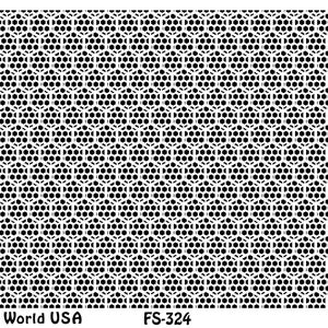 Peut inclure: Pochoir noir et blanc avec un motif hexagonal répété. Le pochoir est étiqueté "Art Clay World USA", "FS-324" et "Buzzz".