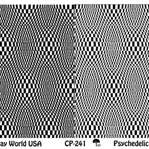 Op de afbeelding: Zwart-wit geruit patroon met een golvend, psychedelisch effect. Het patroon wordt over de hele afbeelding herhaald. De tekst "Art Clay World USA", "CP-241" en "Psychedelic Disco" staat onderaan de afbeelding.