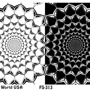Peut inclure: Image en noir et blanc d'un motif répétitif de fleurs stylisées. Le motif est une spirale de formes de fleurs qui se chevauchent. L'image est divisée en deux, la partie gauche étant blanche avec des motifs noirs et la partie droite étant noire avec des motifs blancs. Le texte "Art Clay World USA" est en bas à gauche de l'image, "FS-313" est en bas au centre et "Swapp" est en bas à droite.