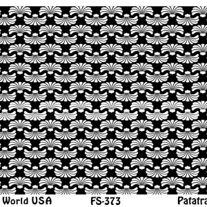 Peut inclure: Motif répétitif en noir et blanc avec un design floral stylisé. Le motif est composé de formes symétriques en forme d'éventail. Le texte en bas indique "Art Clay World USA", "FS-373" et "Patatra Inverse".