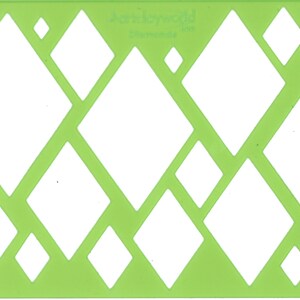 May include: Green plastic stencil featuring a variety of diamond shapes in different sizes. This stencil is ideal for crafting and creating patterns.