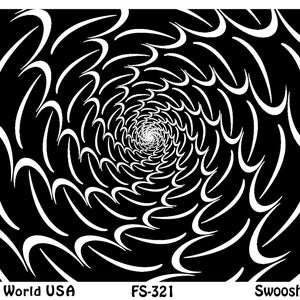 Peut inclure: Motif abstrait en noir et blanc avec un motif en spirale. L'image présente des formes incurvées répétées, créant un effet tourbillonnant. Le texte en bas indique "Art Clay World USA", "FS-321" et "Swoosh Inverse".