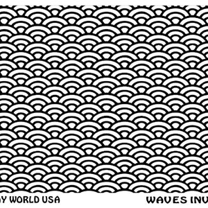 Peut inclure: Motif répétitif en noir et blanc de demi-cercles qui se chevauchent, créant un motif ondulé. Le texte "WAVES INVERSE" se trouve dans le coin inférieur droit de l'image. Le texte "ART CLAY WORLD USA" se trouve dans le coin inférieur gauche de l'image.