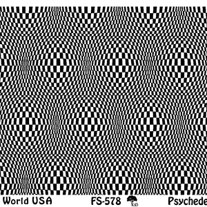 Peut inclure: Motif à carreaux noirs et blancs avec un effet ondulé et déformé. Le motif est répété sur toute l'image. Le texte "Art Clay World USA", "FS-578" et "Psychedelic Disco" est en bas de l'image.