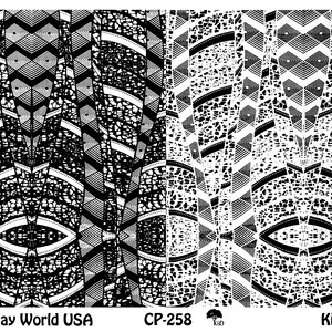 May include: A black and white patterned fabric featuring geometric and organic shapes. The design includes chevrons, stripes, and dotted lines. The text "Art Clay World USA", "CP-258", and "Kitenge" are visible.
