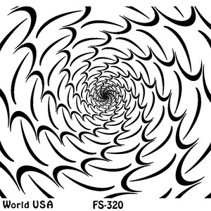 Peut inclure: Un motif abstrait noir et blanc avec un motif tourbillonnant de lignes courbes. Le motif est centré et crée une impression de profondeur. Le texte "Art Clay World USA" et "FS-320" est en bas de l'image. Le texte "Swoosh" est en bas à droite de l'image.