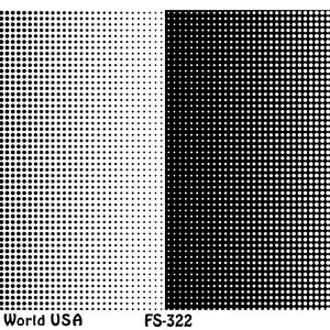 Peut inclure: Une image en noir et blanc avec un dégradé de points noirs sur un fond blanc. L'image est divisée en deux sections, la section gauche montrant un dégradé de points noirs du foncé au clair et la section droite montrant un dégradé de points noirs du clair au foncé. Le texte "Art Clay World USA" est en bas à gauche de l'image, le texte "FS-322" est en bas au centre de l'image et le texte "Blurp" est en bas à droite de l'image.