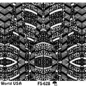 May include: Black and white geometric pattern with a repeating design of overlapping shapes. The pattern is symmetrical and has a complex, intricate design. The text "Art Clay World USA" and "FS-628" is visible at the bottom of the image. The text "Kitenge" is visible at the bottom right of the image.