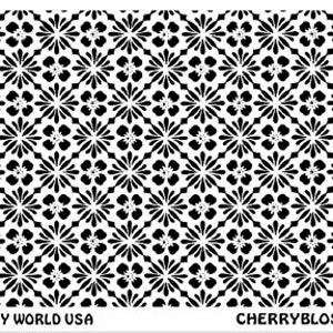 May include: Black and white stencil with a repeating pattern of stylized cherry blossoms. The stencil is labeled "Cherry Blossoms" and "Art Clay World USA".