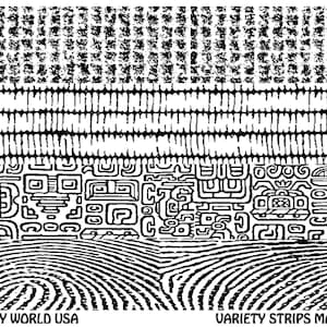 May include: Black and white image of different patterns and textures. The image is divided into four sections. The top section features a repeating pattern of small dots. The second section features a repeating pattern of horizontal lines. The third section features a repeating pattern of geometric shapes. The bottom section features a repeating pattern of curved lines. The text "ART CLAY WORLD USA" appears in the bottom left corner of the image. The text "VARIETY STRIPS MANMADE" appears in the bottom right corner of the image.