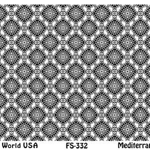 Peut inclure: Carreau de céramique noir et blanc avec un motif géométrique. Le carreau est étiqueté "Mediterranean Tile" et "FS-332".