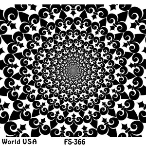 Peut inclure: Motif noir et blanc répété de motifs de fleurs de lys stylisés. Le motif crée un effet d'illusion d'optique tourbillonnant. Le texte "Art Clay World USA" et "FS-366" est en bas de l'image. Le texte "Fleurish" est en bas à droite de l'image.