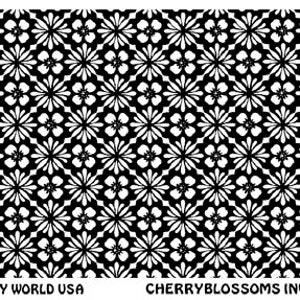 May include: Black and white repeating pattern of stylized flowers. The pattern is called "Cherry Blossoms Inverse" and is from Art Clay World USA.