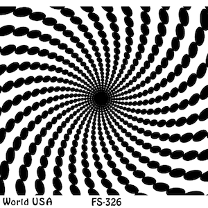 Peut inclure: Un motif abstrait noir et blanc avec un motif en spirale de formes ovales. Le motif est centré sur un cercle noir. Le texte "Art Clay World USA" et "FS-326" est en bas de l'image. Le texte "Klonk" est en bas à droite de l'image.