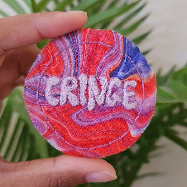 Cringe Hand Embroidered Patch, Iron On 70s Aesthetic Trippy Patches for Denim Jacket, Tie-Dye Funny Meme Patch for Cringey Teens Backpack