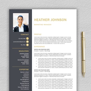 May include: A black and gray resume template with gold accents. The resume is for Heather Johnson, Marketing Manager. The resume includes contact information, education, experience, and expertise.