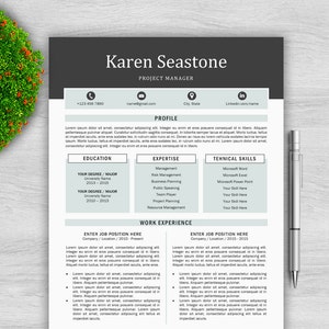 May include: A light grey resume template with black text. The resume is for Karen Seastone, Project Manager. The resume includes contact information, a profile section, education, expertise, technical skills, and work experience.