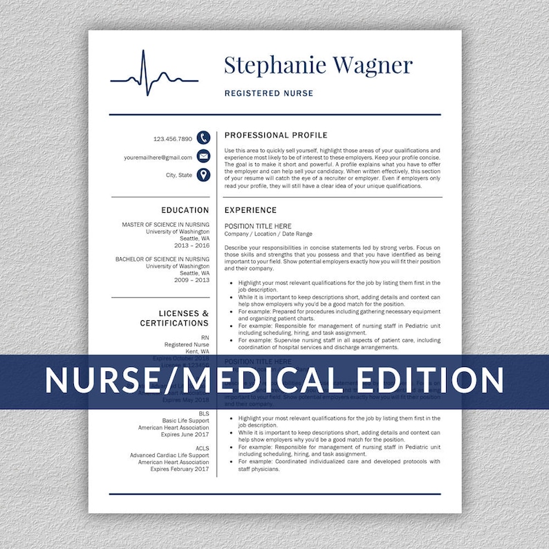 May include: A resume template for a registered nurse with a professional profile, education, experience, licenses and certifications, and a nurse/medical edition section. The resume includes contact information, a heart rate symbol, and the text "Stephanie Wagner, Registered Nurse".