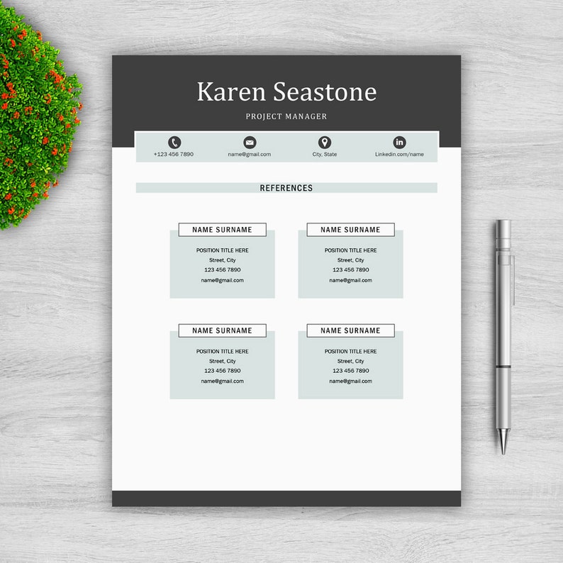 May include: A black and white resume template featuring the name Karen Seastone and the title Project Manager. The resume includes contact details, a references section with four boxes for listing references, and a LinkedIn icon.