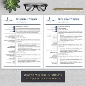 May include: A two-page resume template for a registered nurse. The template includes sections for professional profile, education, licenses and certifications, experience, areas of expertise, and other skills. The template is designed to be easily customized and includes a cover letter and references.