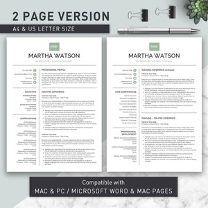 May include: A two-page resume template designed for elementary school teachers. The template is compatible with Mac and PC, Microsoft Word, and Mac Pages. The resume includes sections for professional profile, education, teaching experience, core competencies, professional development, and certifications.
