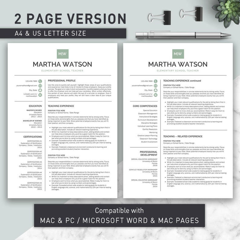 May include: A two-page resume template designed for elementary school teachers. The template is compatible with Mac and PC, Microsoft Word, and Mac Pages. The resume includes sections for professional profile, education, teaching experience, core competencies, professional development, and certifications.