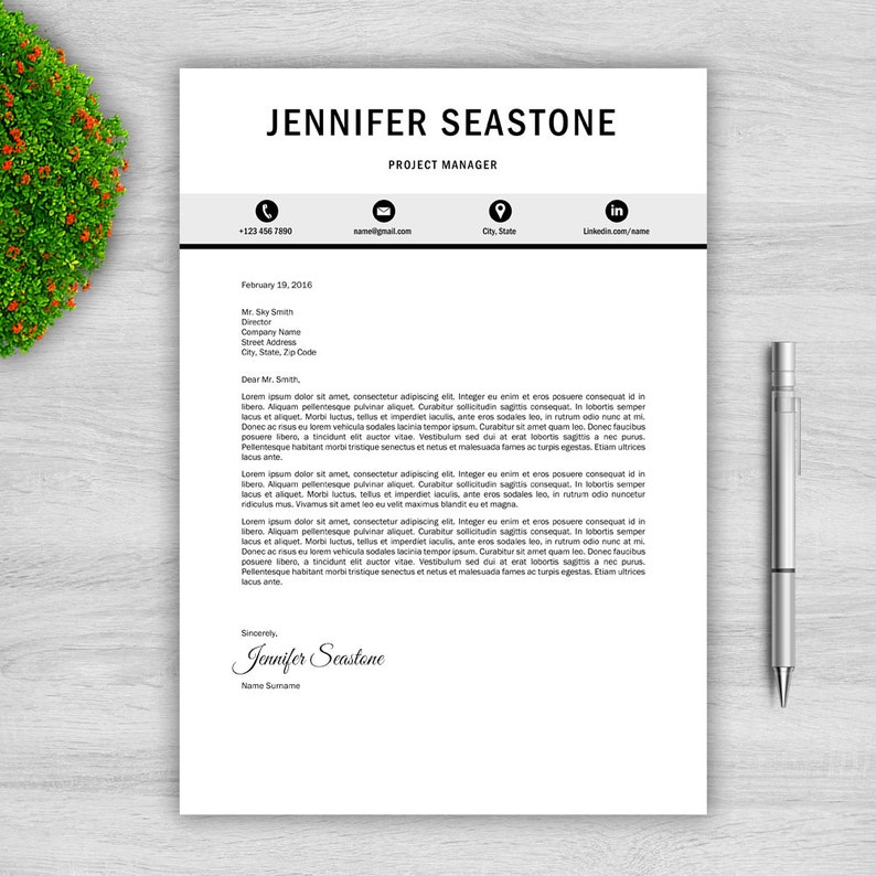 May include: A professional resume template with the name "JENNIFER SEASTONE" at the top, followed by contact information and a detailed work experience section. A silver pen rests on the right side of the page.