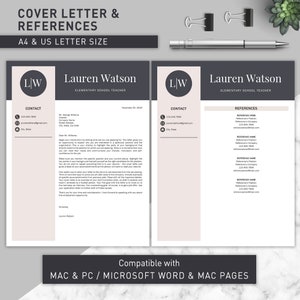 May include: A black and white cover letter and references template for elementary school teachers. The template includes contact information, a sample cover letter, and a references section. The template is compatible with Microsoft Word and Mac Pages.