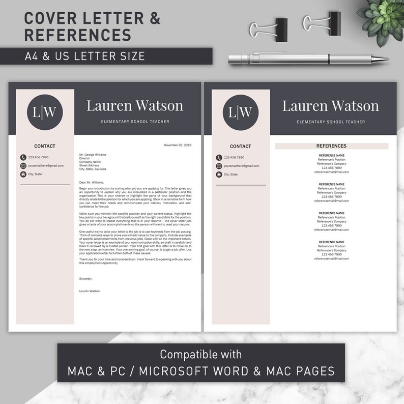 May include: A black and white cover letter and references template for elementary school teachers. The template includes contact information, a sample cover letter, and a references section. The template is compatible with Microsoft Word and Mac Pages.