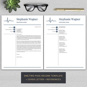 May include: A two-page resume template with a cover letter and references. The template features a blue heartbeat graphic and the text "Stephanie Wagner, Registered Nurse".