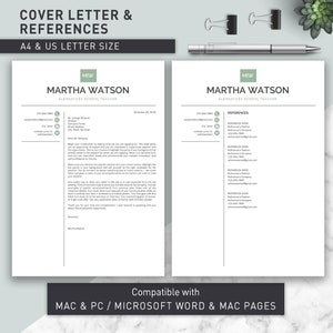 May include: A black and white cover letter and references template for an elementary school teacher. The template includes a cover letter with a sample introduction and a references section with a list of references.