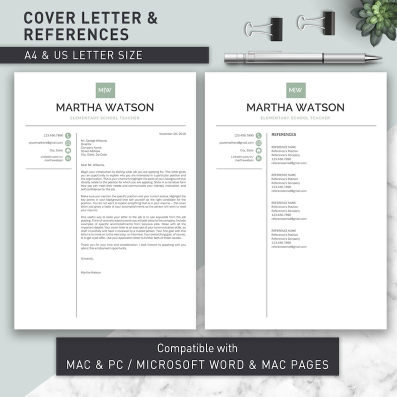 May include: A black and white cover letter and references template for an elementary school teacher. The template includes a cover letter with a sample introduction and a references section with a list of references.