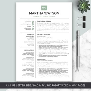 May include: A resume template for an elementary school teacher. The template includes sections for professional profile, education, teaching experience, and certifications. The template is designed to be used with Microsoft Word and Mac Pages.